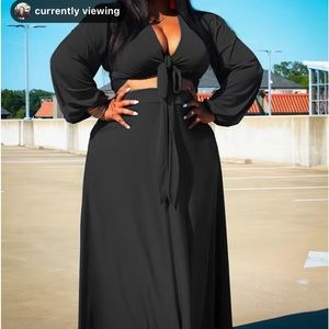 Plus Size Solid Deep V Neck Front Knot Top & Long Skirt Set